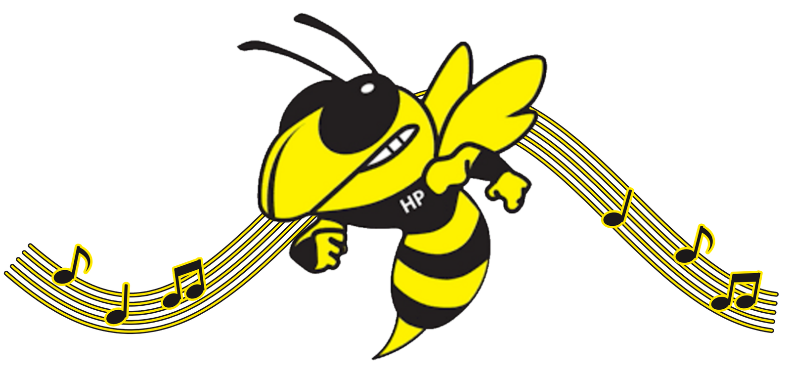 The Hanover Park hornet mascot flying along a music staff with notes